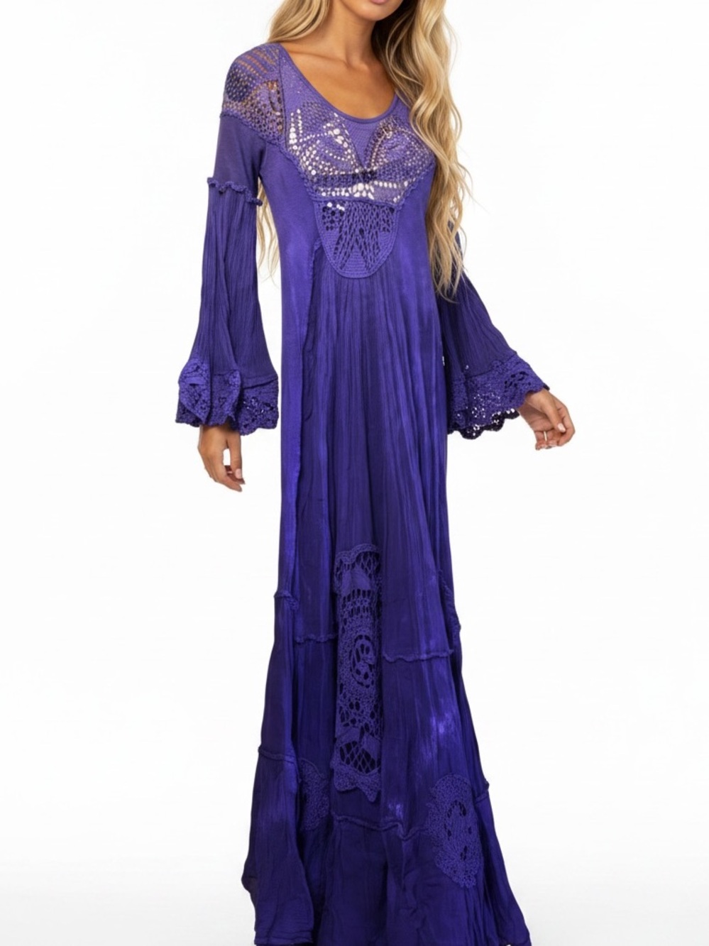 Vintage Cotton Handmade Crochet Bell Sleeve Maxi Dress Tall Rare! Sestra Moja Ho